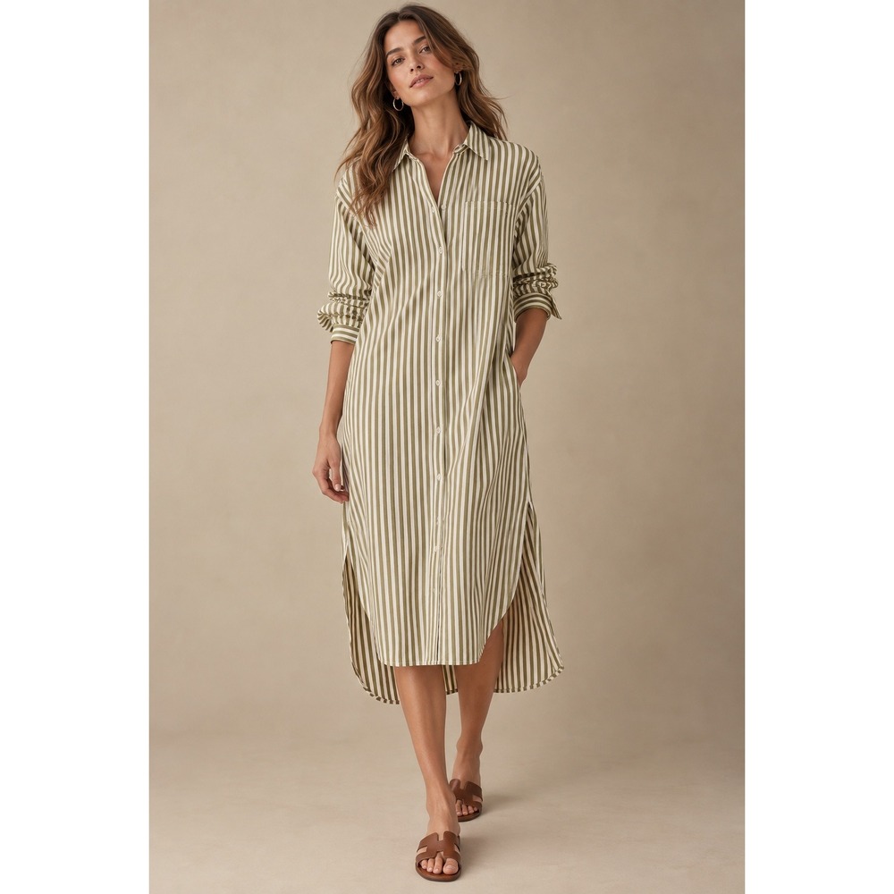 Banana Republic Olive Green White Striped Cotton Midi Shirt Dress Pockets M